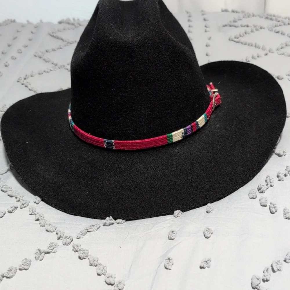 Black Wide Brim Hat with Colorful Band - Picture 4 of 4